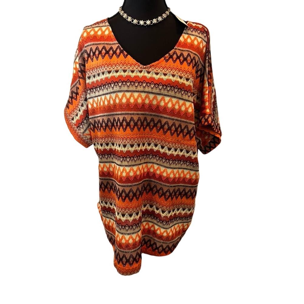 Agnes Orinda Womens 1X Orange Brown Geo Boho V-Neck Blouse NWT